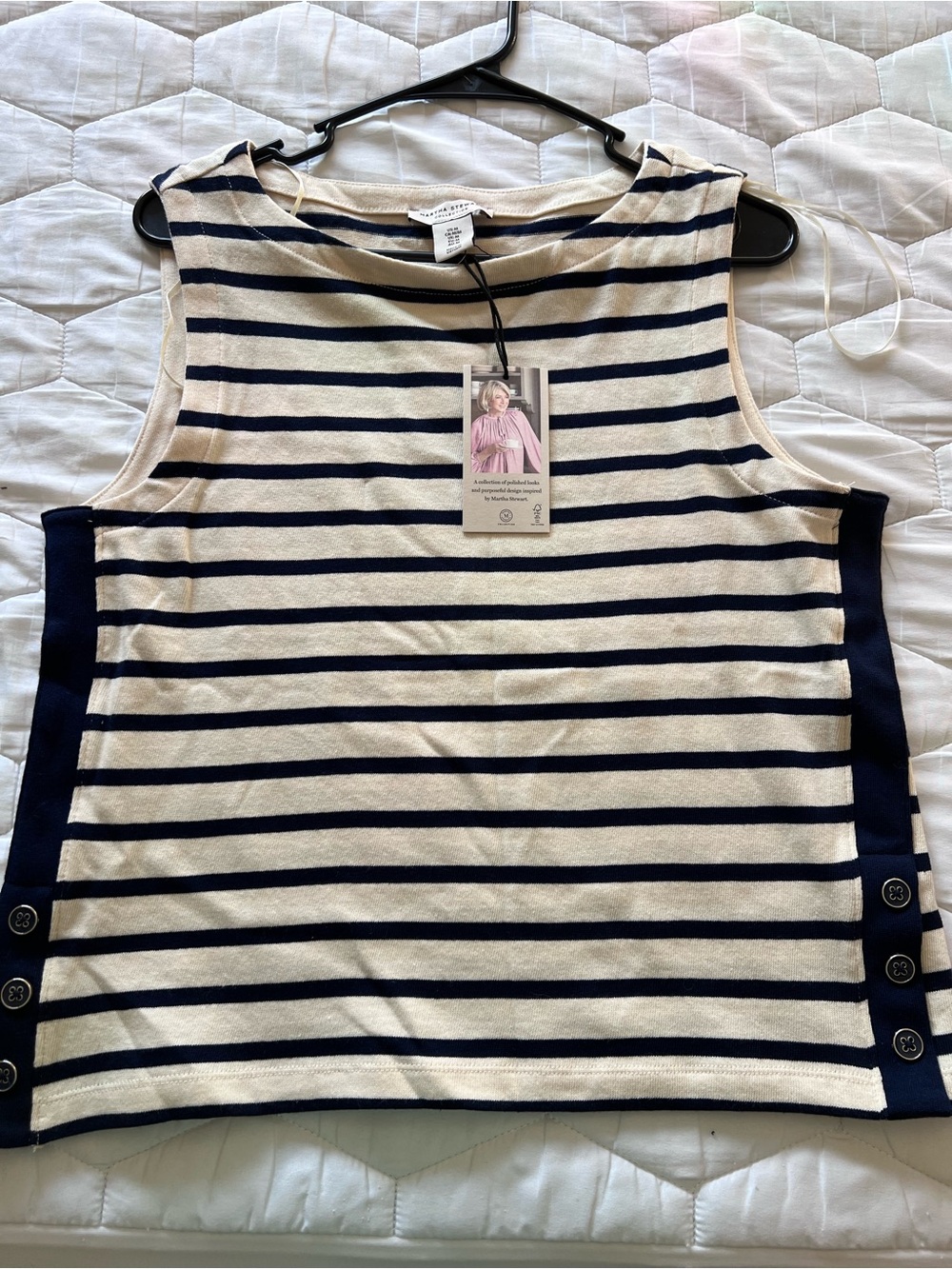 Martha Stewart Navy and Cream Striped Sleeveless Tank with Side Button Detail